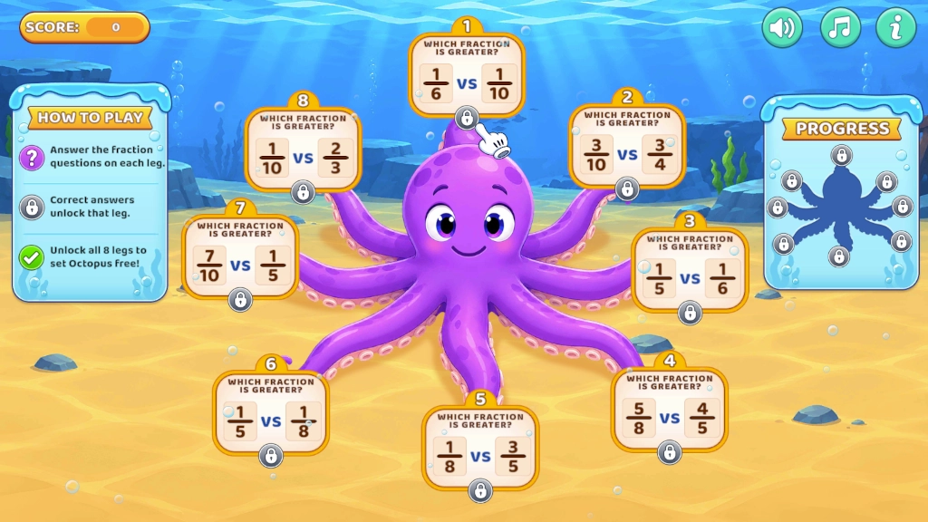 Compare higher and lower fractions using this underwater game