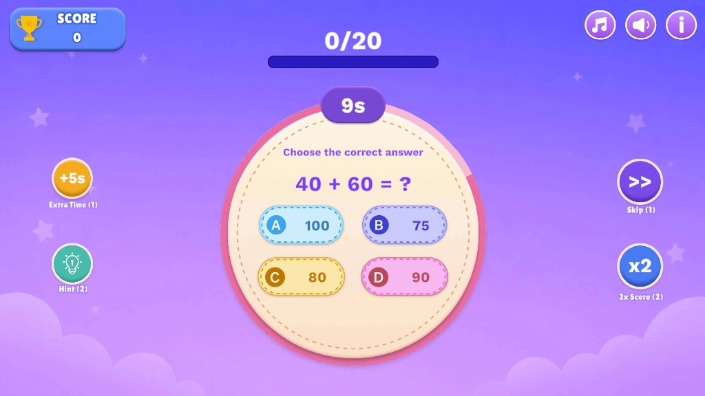 Fast mathematics game for free with four choice questions